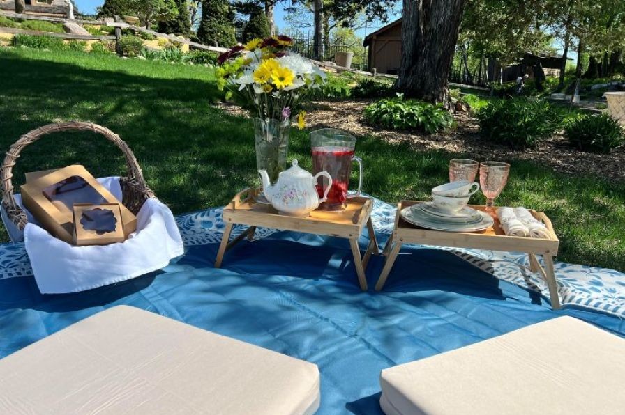 A delicate tea cup on a floral saucer set amongst blooming flowers, highlighting the tranquil Tea in the Garden service.