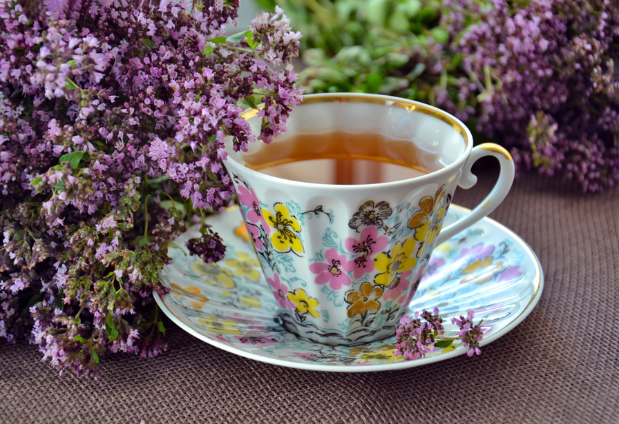 A delicate tea cup on a floral saucer set amongst blooming flowers, highlighting the tranquil Tea in the Garden service.